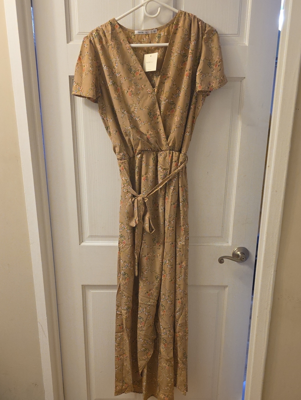 Lightweight Tan Floral Wrap Maxi Dress with Self-Tie Waist